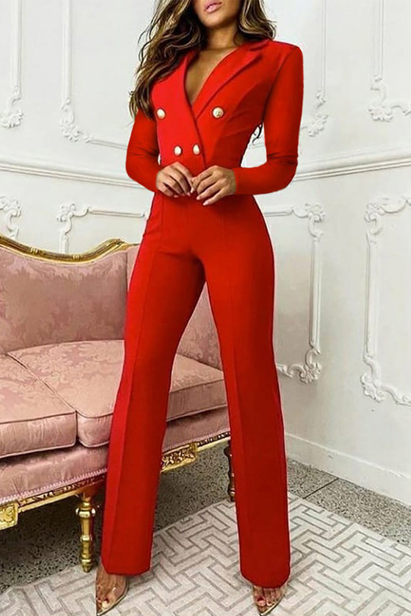 Elegant Solid Buttons Turn-back Collar Regular Jumpsuits Red