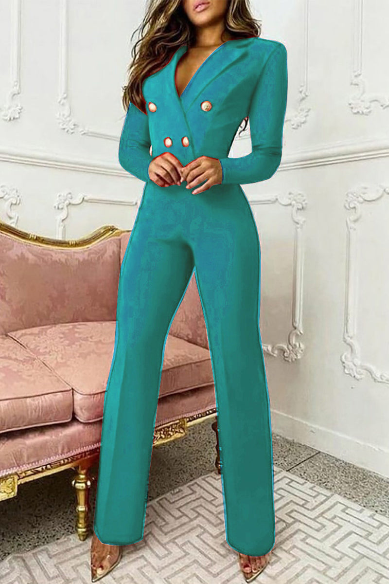 Elegant Solid Buttons Turn-back Collar Regular Jumpsuits Green