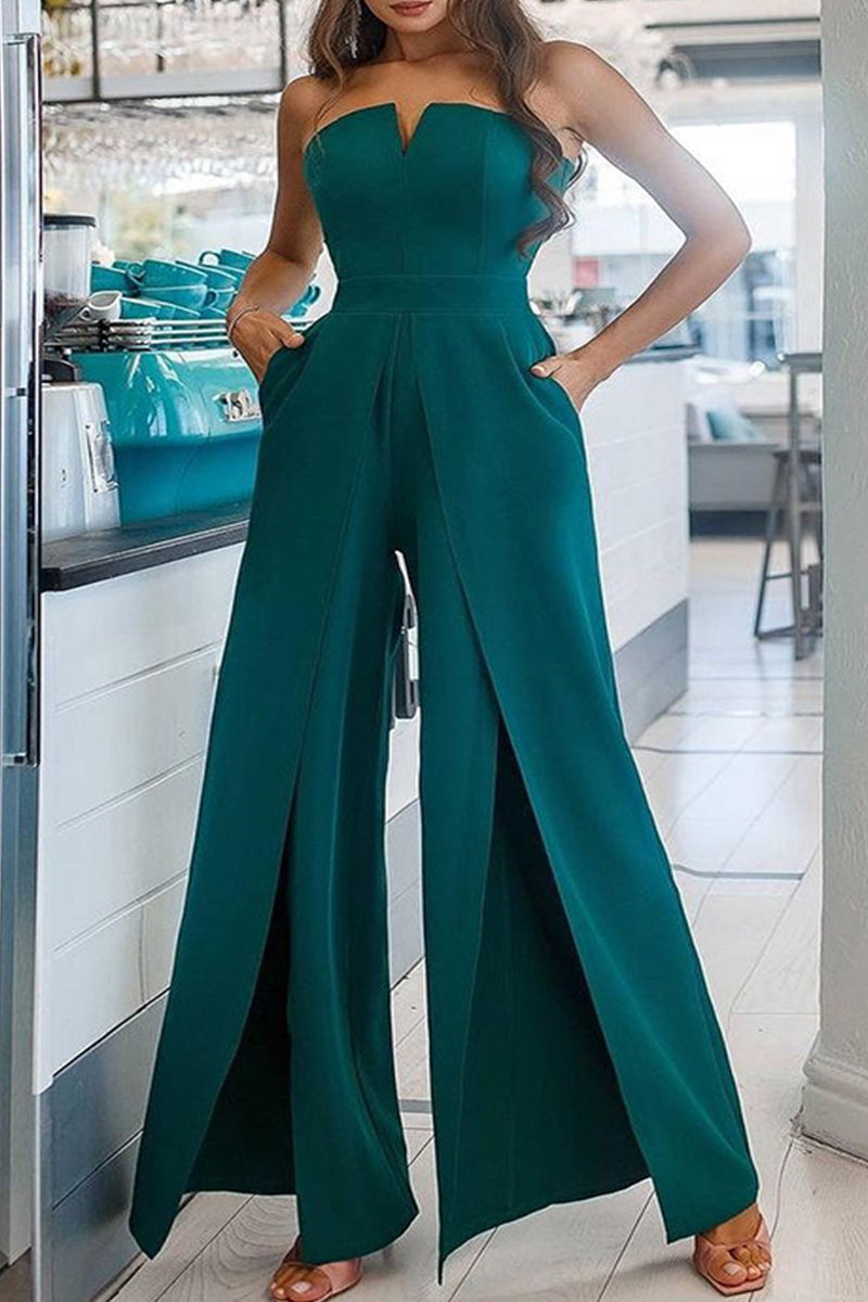 Casual Solid Pocket Slit Strapless Regular Jumpsuits Ink Green