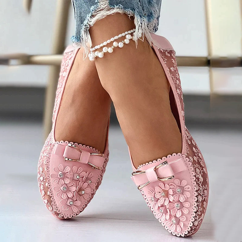 Elegant Applique Bowknot Decor Wedding Bridal Shoes Lace Split Joint Ballet Flats Pink