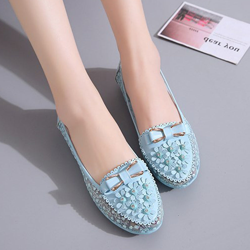 Elegant Applique Bowknot Decor Wedding Bridal Shoes Lace Split Joint Ballet Flats Blue