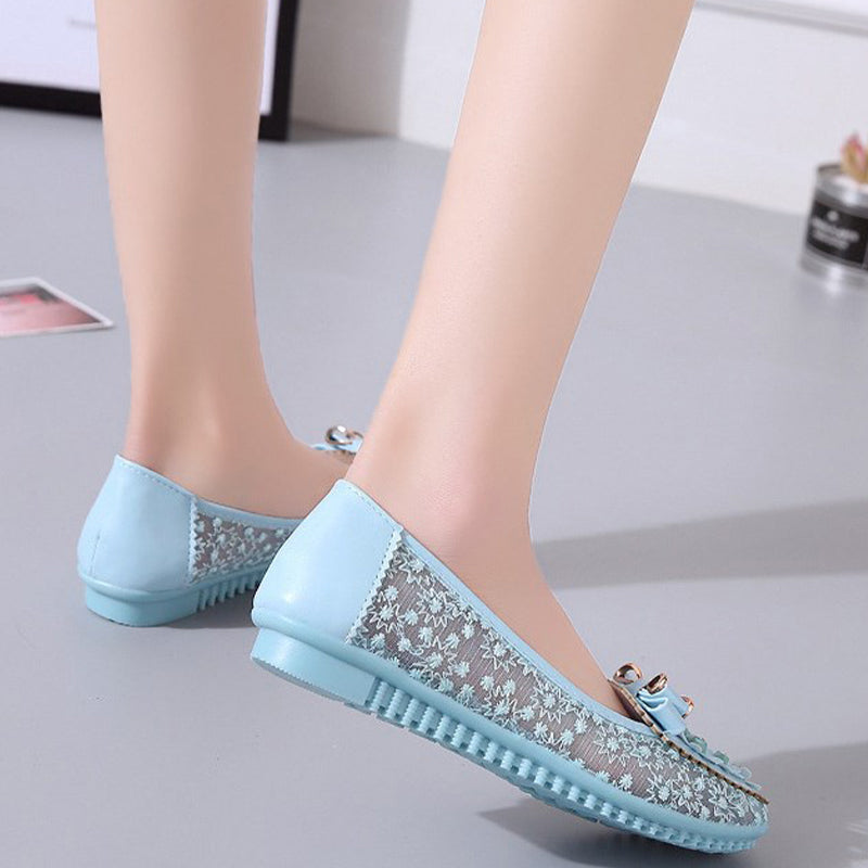 Elegant Applique Bowknot Decor Wedding Bridal Shoes Lace Split Joint Ballet Flats