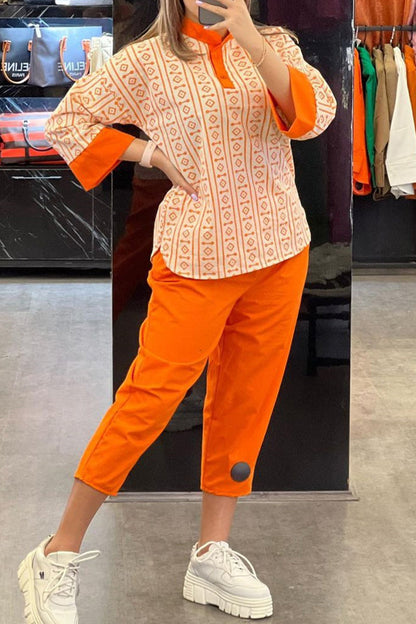 Casual Geometric Printing Half A Turtleneck Long Sleeve Two Pieces Orange