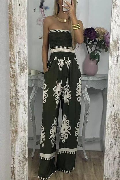 Sexy Print Pocket Strapless Loose Jumpsuits Green