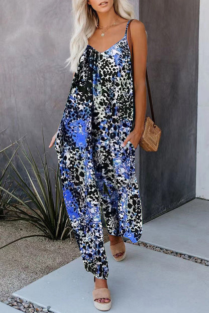 Casual Street Print Pocket V Neck Loose Jumpsuits Royal Blue