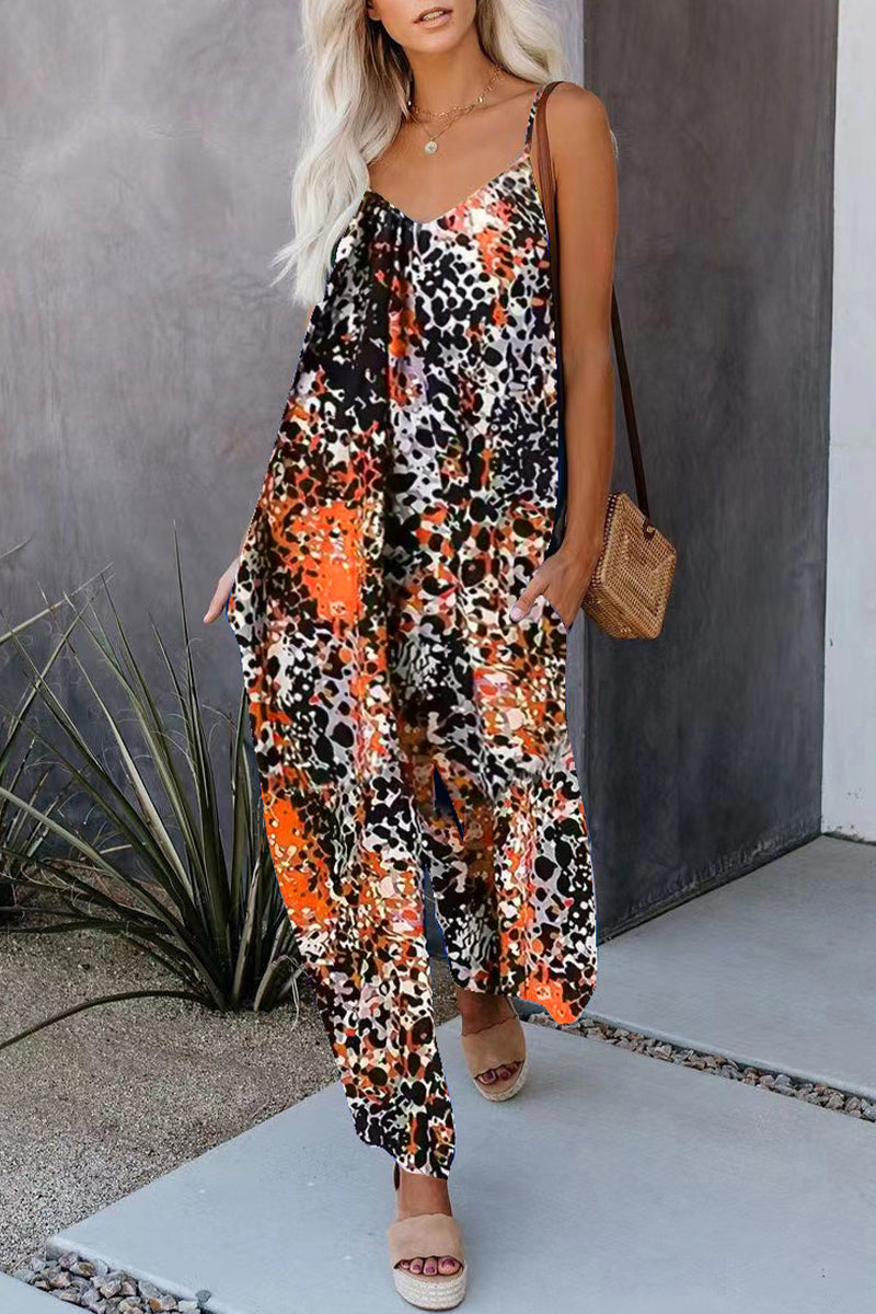 Casual Street Print Pocket V Neck Loose Jumpsuits Orange