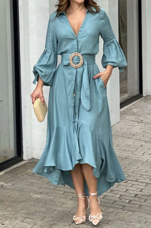 Street Solid With Belt V Neck A Line Dresses Blue