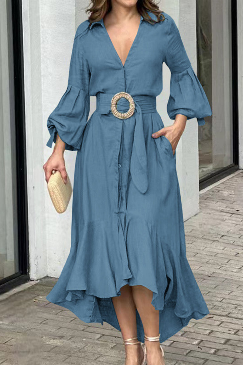 Street Solid With Belt V Neck A Line Dresses Navy Blue