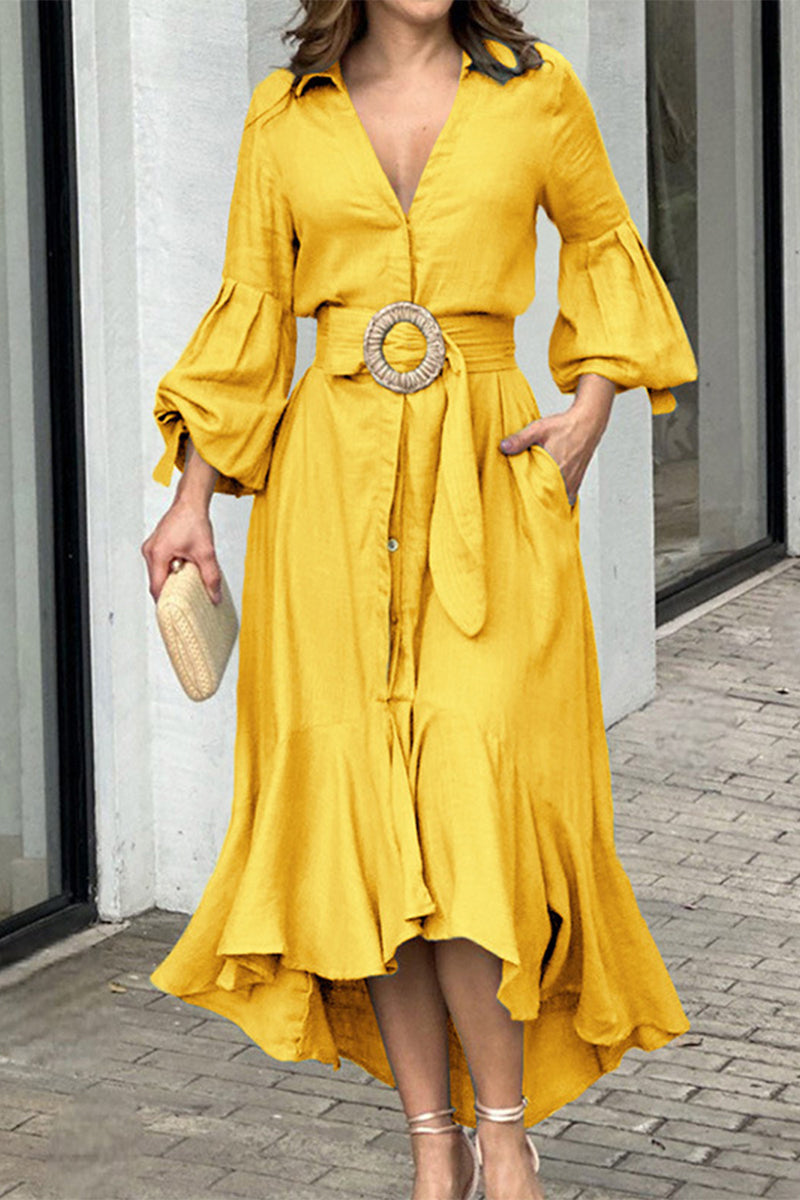 Street Solid With Belt V Neck A Line Dresses Yellow