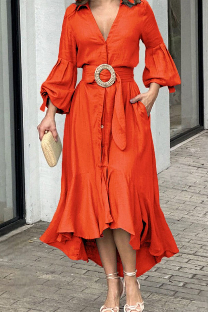 Street Solid With Belt V Neck A Line Dresses Tangerine Red