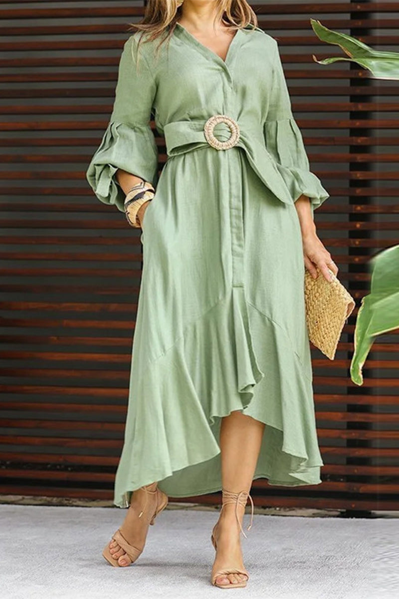 Street Solid With Belt V Neck A Line Dresses Green