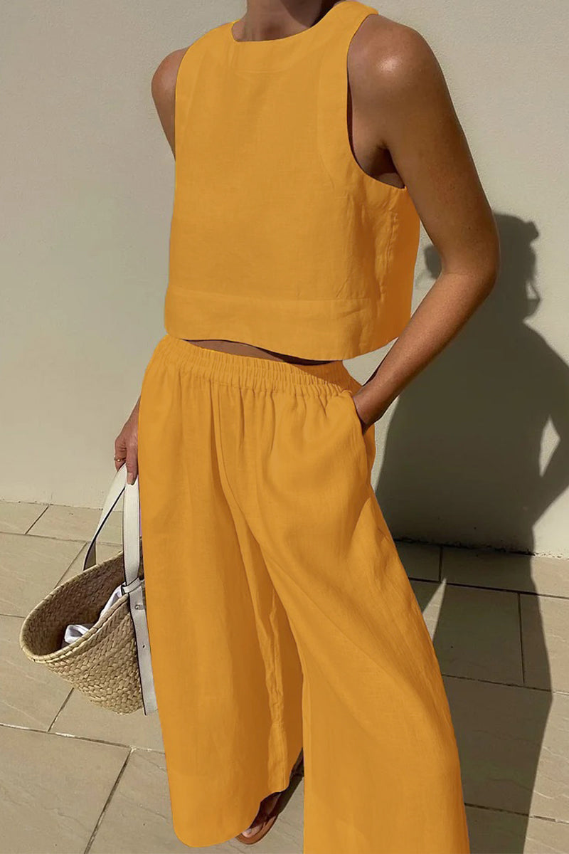 Casual Simplicity Solid Solid Color O Neck Sleeveless Two Pieces Yellow