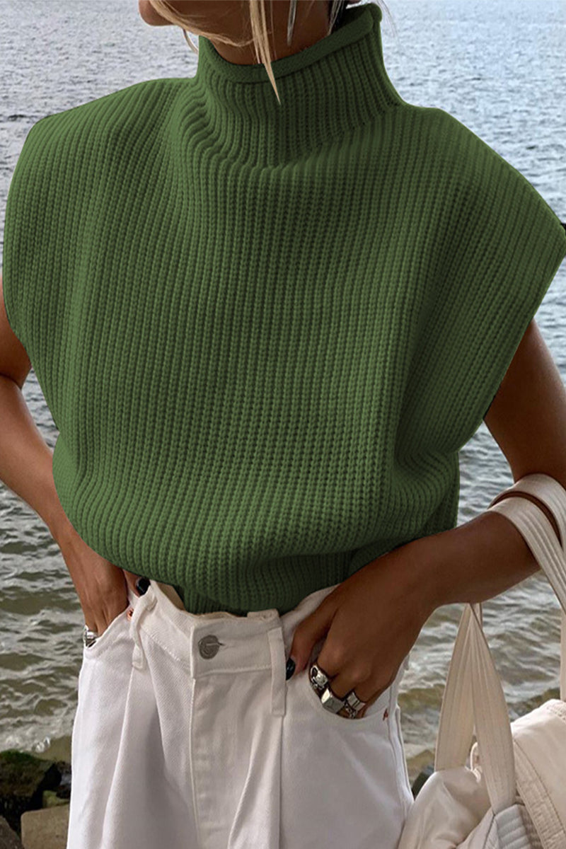 Casual Solid Turtleneck Tops Green