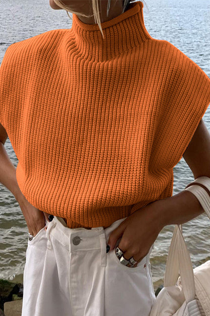 Casual Solid Turtleneck Tops Orange