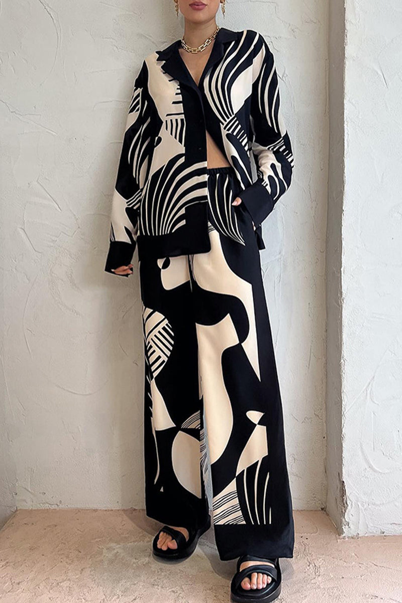 Casual Geometric Print Pocket Turndown Collar Two Pieces Black White