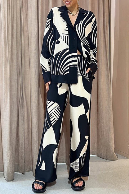 Casual Geometric Print Pocket Turndown Collar Two Pieces