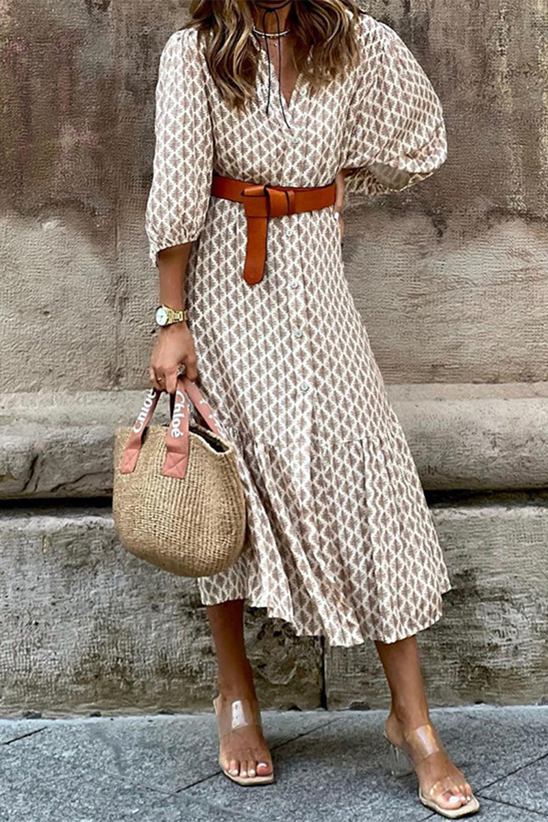 Elegant Floral With Belt V Neck A Line Dresses Khaki