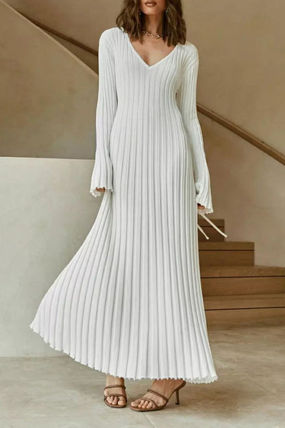 Casual Solid Fold V Neck Pleated Dresses White