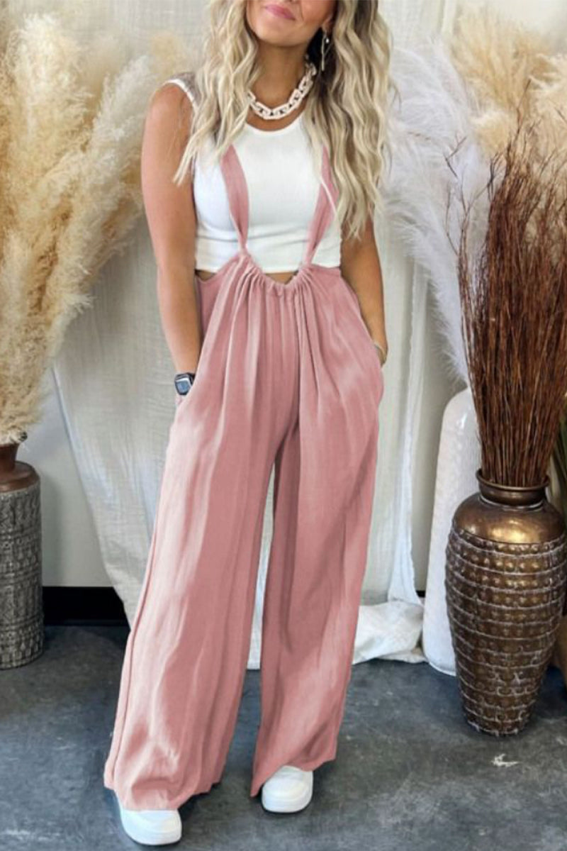 Casual Solid Fold Loose Wide Leg Solid Color Bottoms Pink