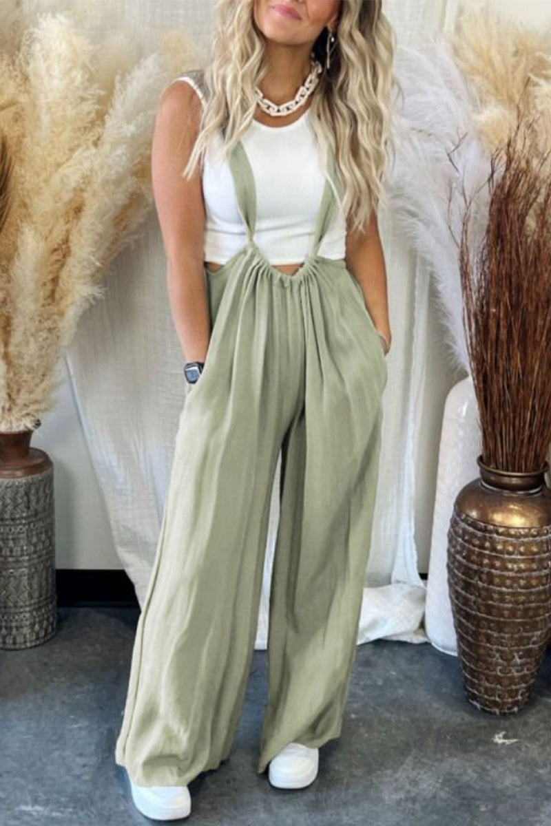 Casual Solid Fold Loose Wide Leg Solid Color Bottoms Green