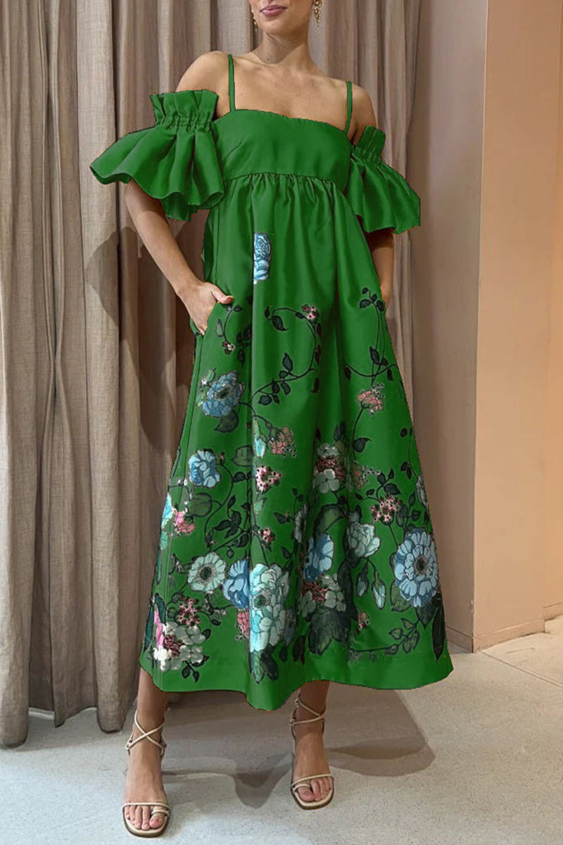 Casual Floral Pocket Off the Shoulder A Line Dresses(5 Colors) Green