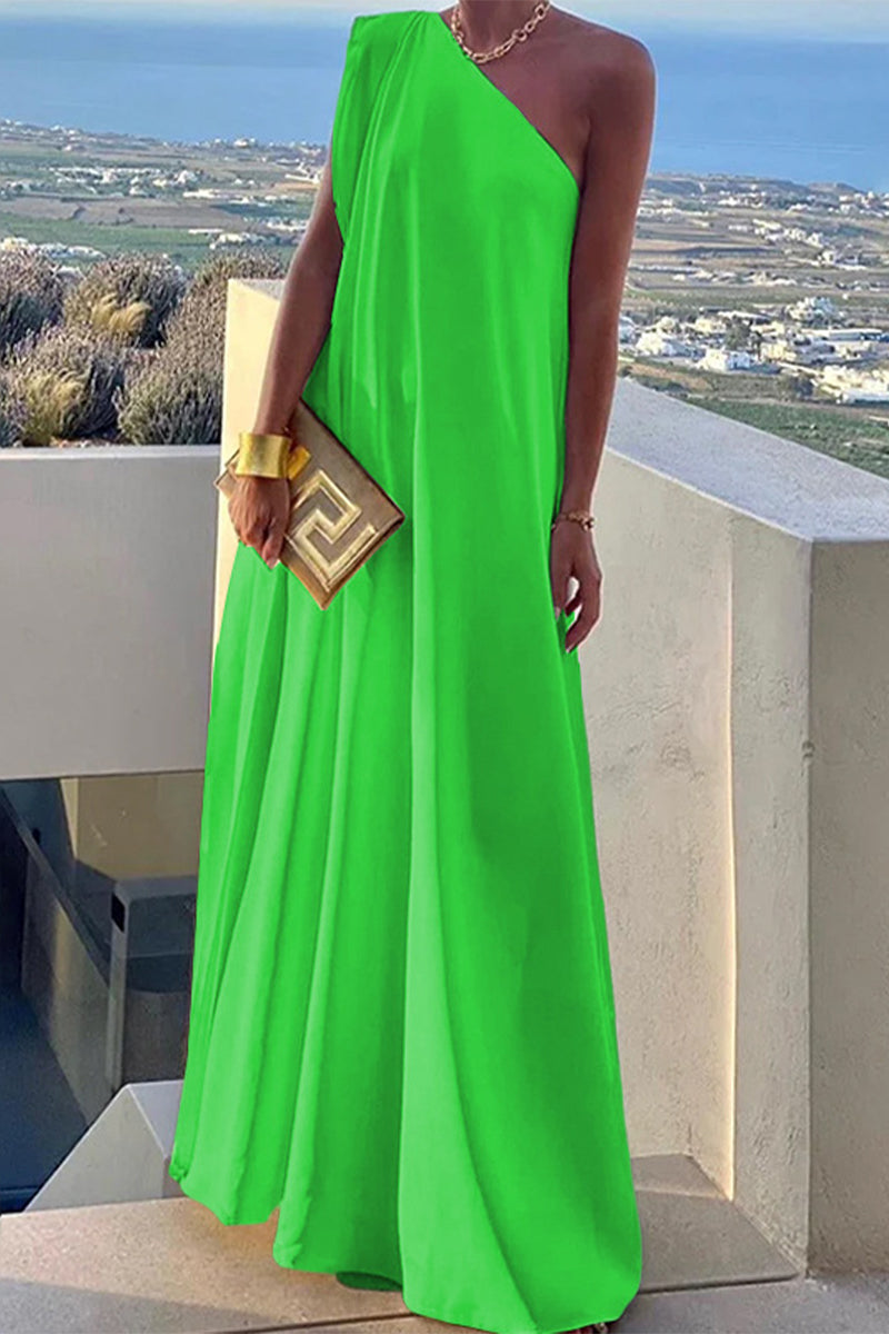 Elegant Simplicity Solid Asymmetrical Oblique Collar Evening Dress Dresses Green