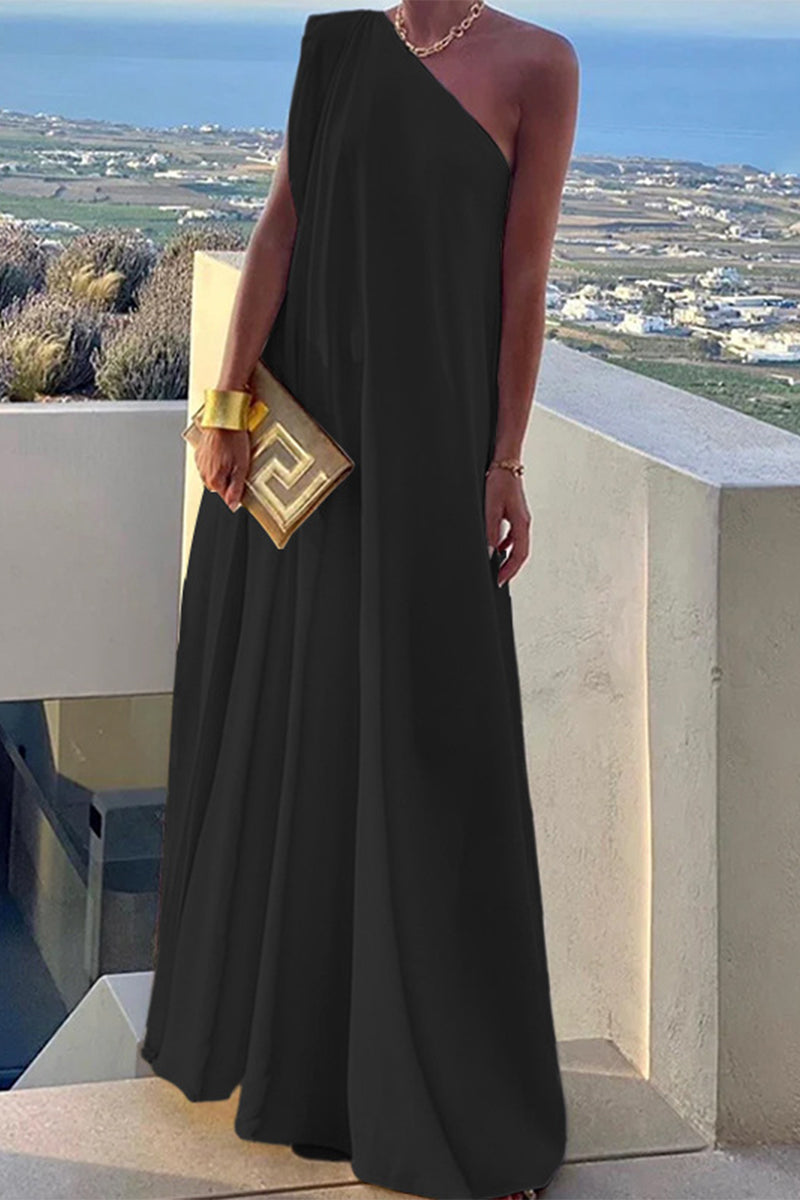 Elegant Simplicity Solid Asymmetrical Oblique Collar Evening Dress Dresses Black