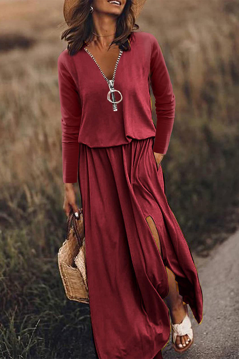 Casual Patchwork Zipper V Neck Irregular Dress Dresses Red