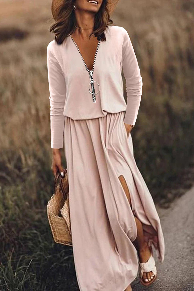 Casual Patchwork Zipper V Neck Irregular Dress Dresses Pink