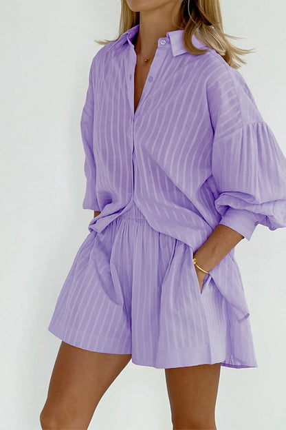 Casual Striped Patchwork Pocket Turndown Collar Long Sleeve Two Pieces Purple