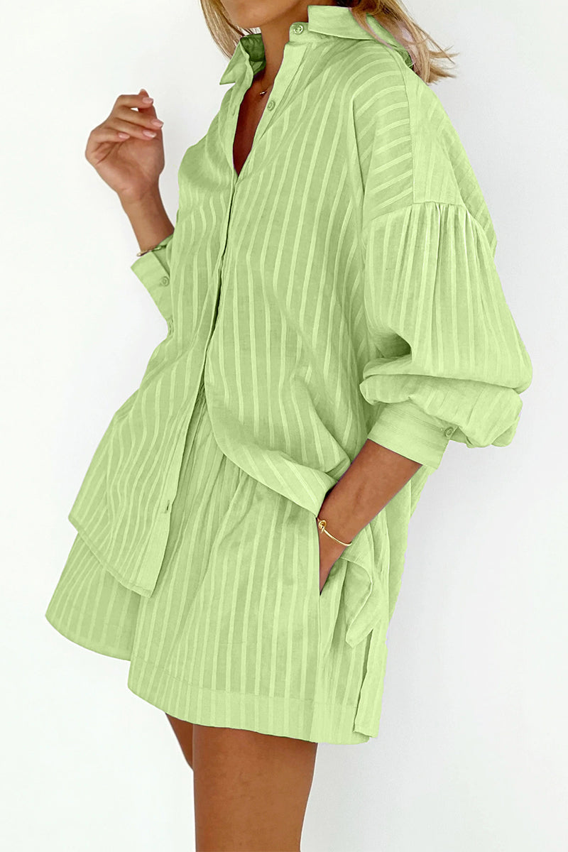 Casual Striped Patchwork Pocket Turndown Collar Long Sleeve Two Pieces