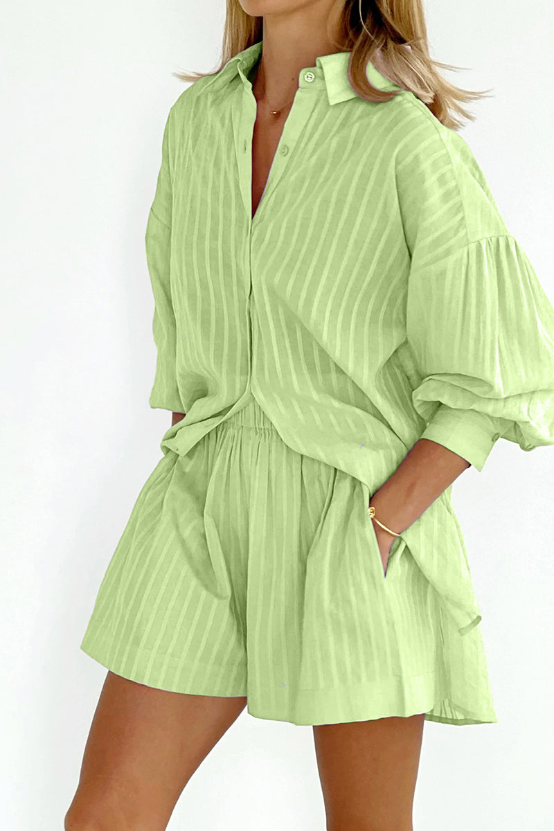 Casual Striped Patchwork Pocket Turndown Collar Long Sleeve Two Pieces Green