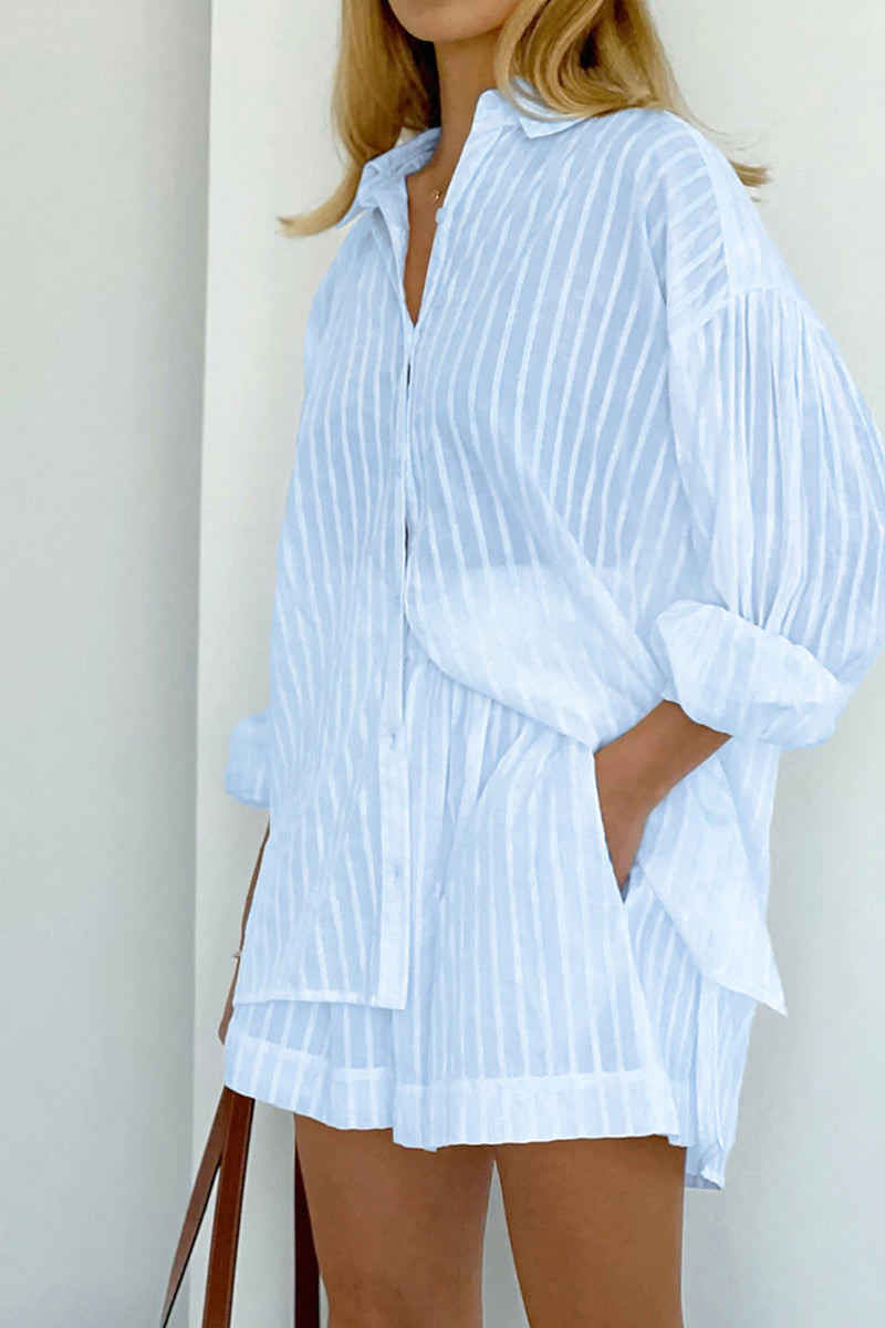 Casual Striped Patchwork Pocket Turndown Collar Long Sleeve Two Pieces Blue