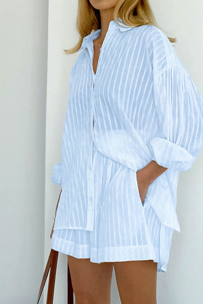 Casual Striped Patchwork Pocket Turndown Collar Long Sleeve Two Pieces Blue