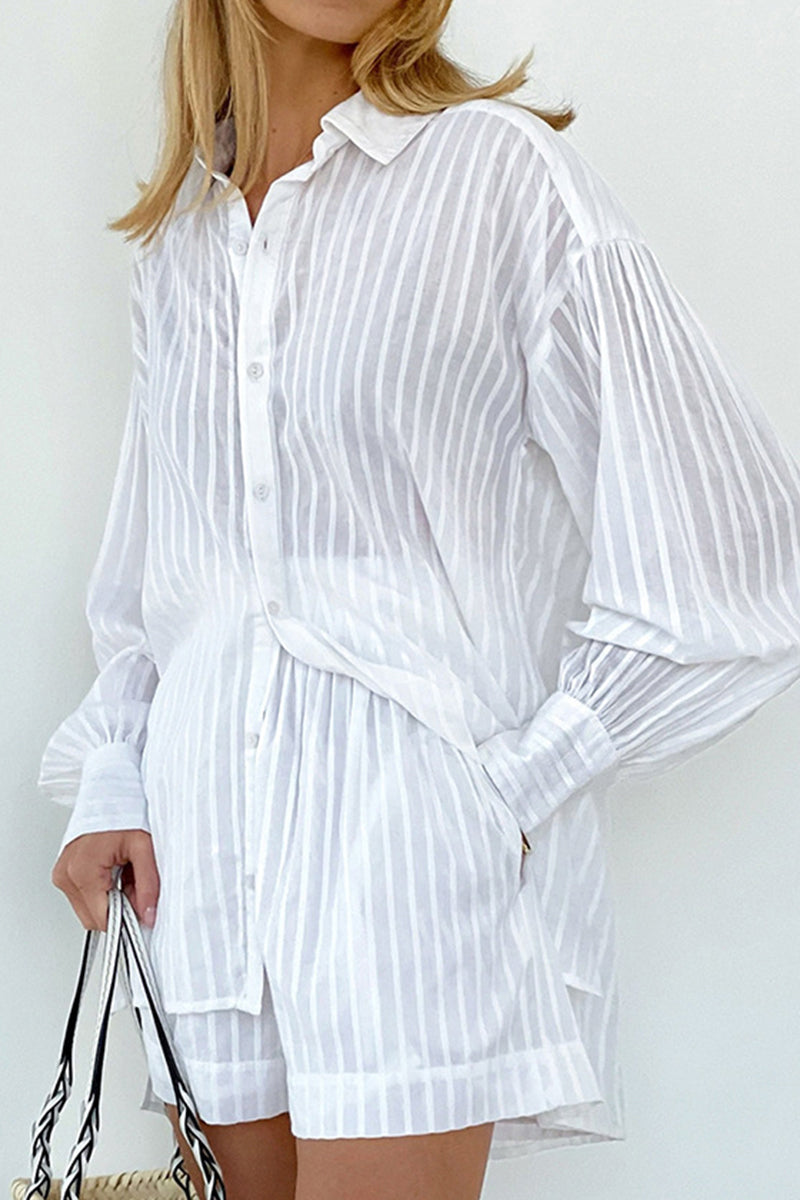 Casual Striped Patchwork Pocket Turndown Collar Long Sleeve Two Pieces