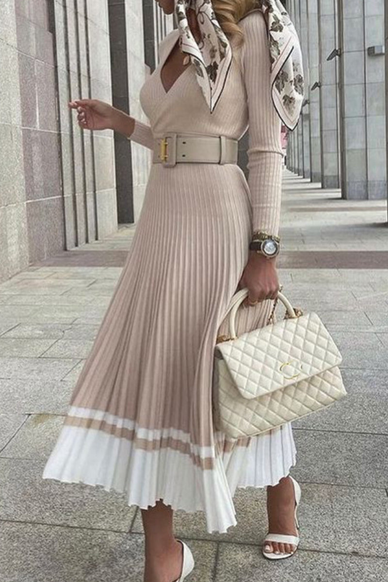 Elegant Striped Patchwork V Neck Pleated Dresses Khaki