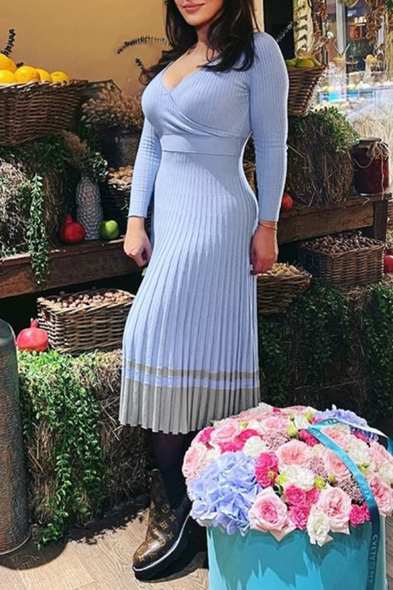 Elegant Striped Patchwork V Neck Pleated Dresses Sky Blue