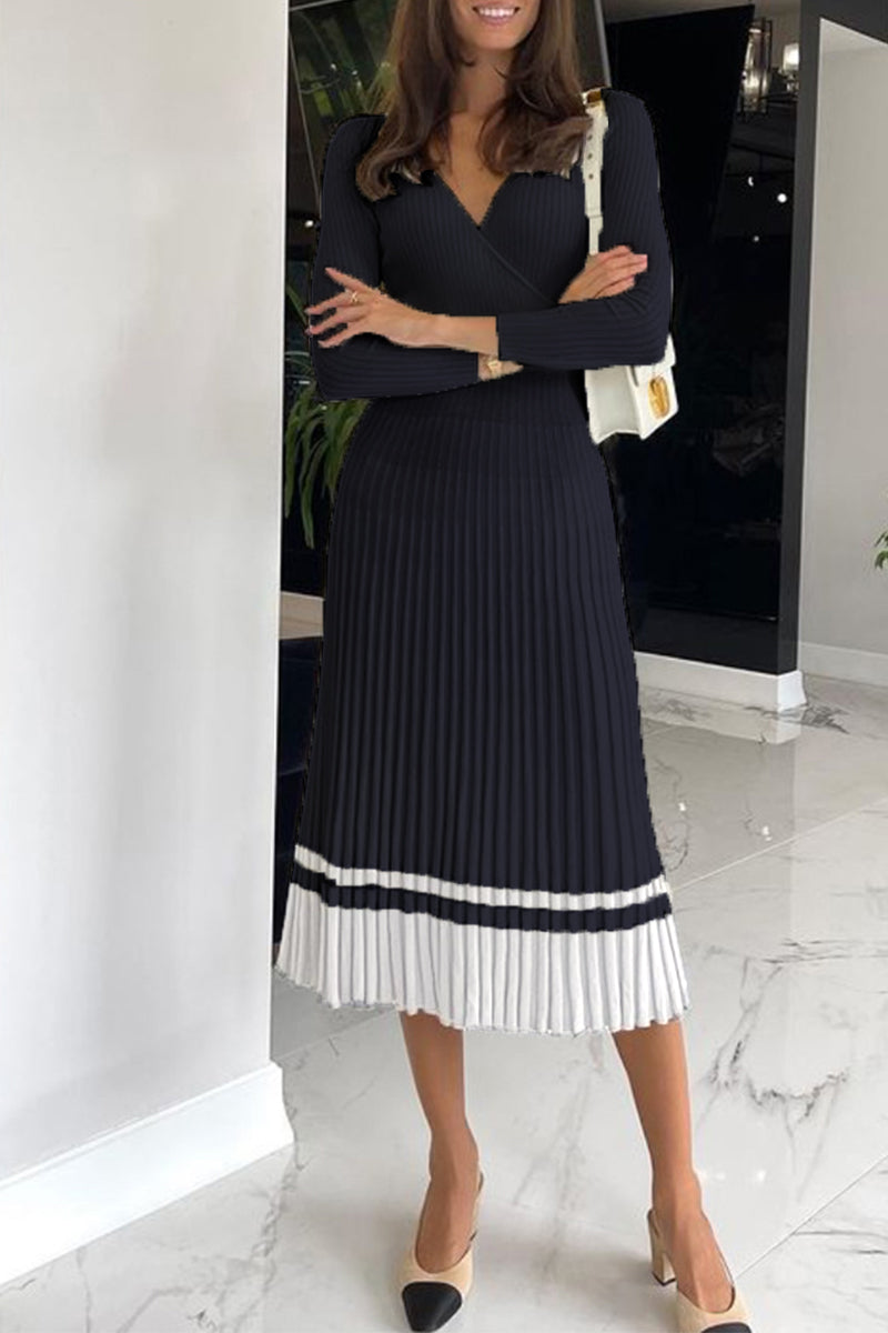 Elegant Striped Patchwork V Neck Pleated Dresses Black