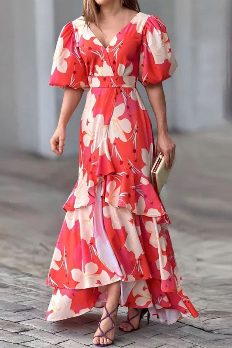 Elegant Floral Patchwork V Neck A Line Dresses Red