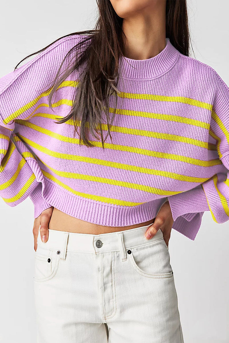 Casual Solid Patchwork O Neck Tops Purple Yellow