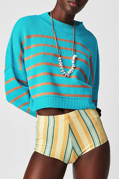 Casual Solid Patchwork O Neck Tops Blue Stripe