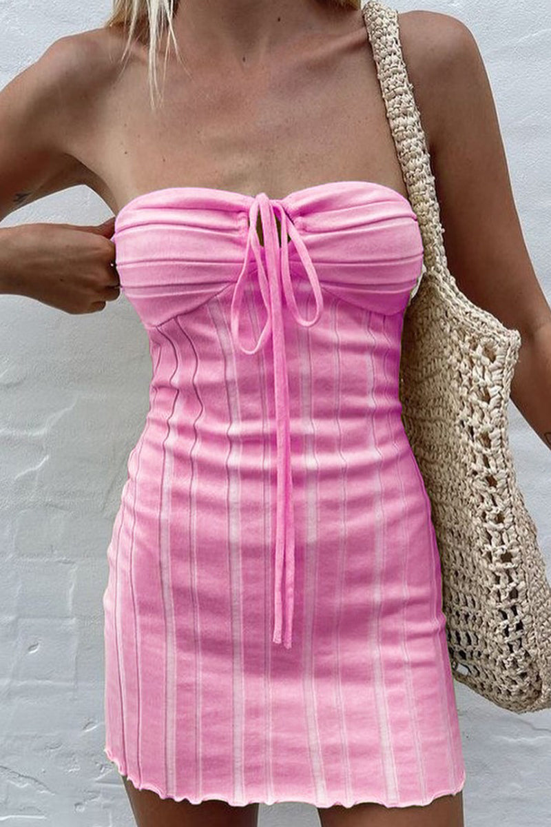 Sexy Solid Frenulum Halter Sleeveless Dress Dresses Pink