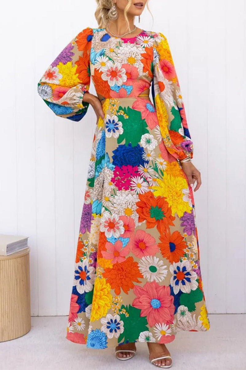 Elegant Floral Frenulum V Neck A Line Dresses Multicolor