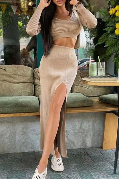 Sexy Solid Slit O Neck Long Sleeve Two Pieces Khaki