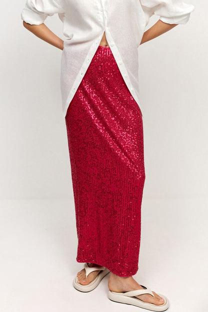 Elegant Solid Sequins Straight Solid Color Bottoms Red