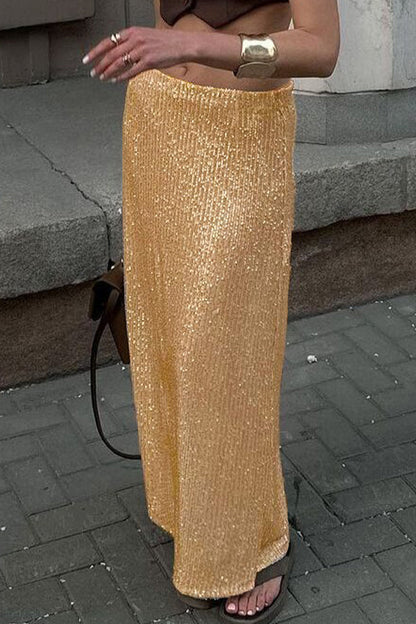 Elegant Solid Sequins Straight Solid Color Bottoms Gold