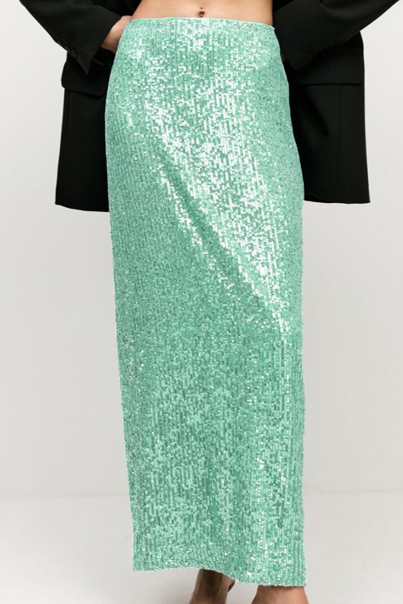 Elegant Solid Sequins Straight Solid Color Bottoms Lake Green