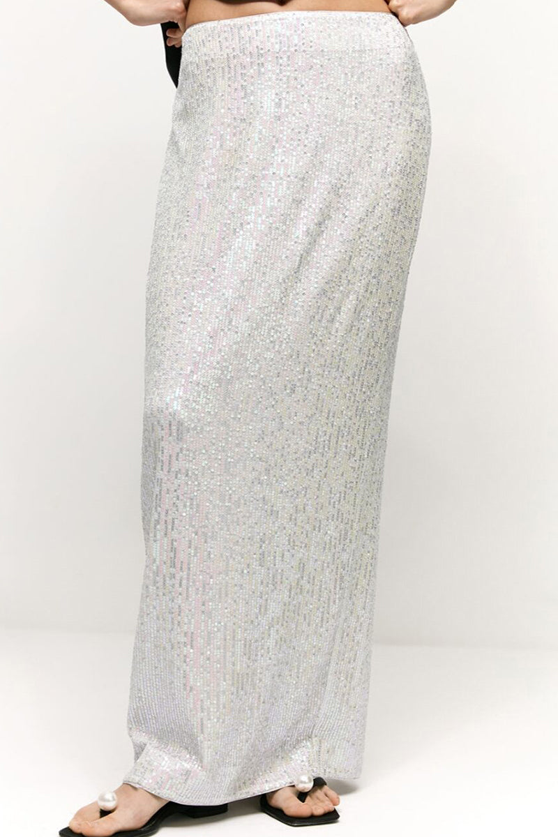 Elegant Solid Sequins Straight Solid Color Bottoms Silver