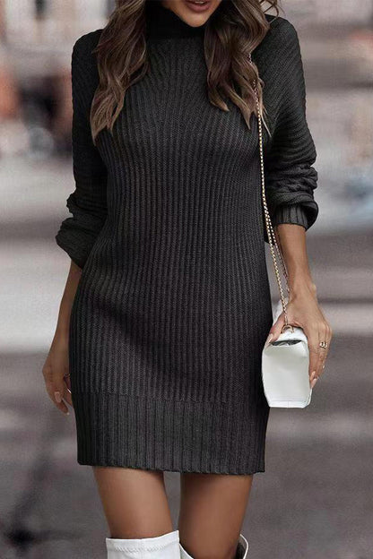 Casual Solid Patchwork Turtleneck One Step Skirt Dresses Black