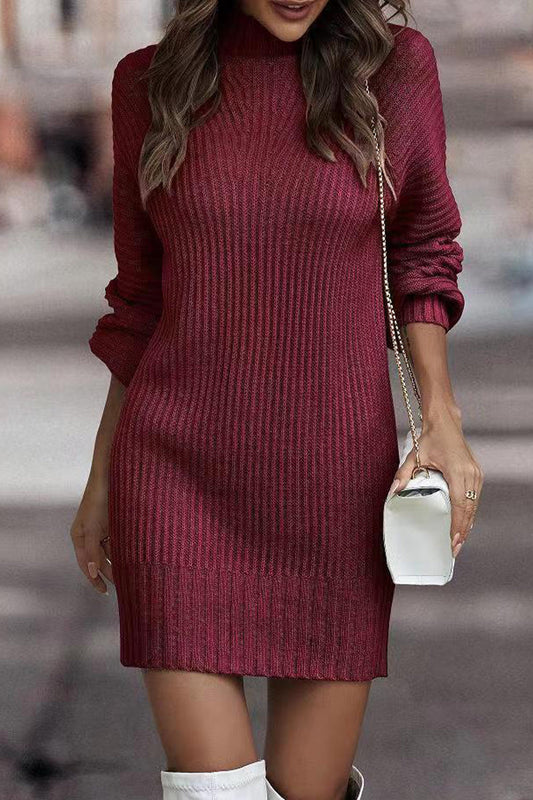 Casual Solid Patchwork Turtleneck One Step Skirt Dresses Burgundy